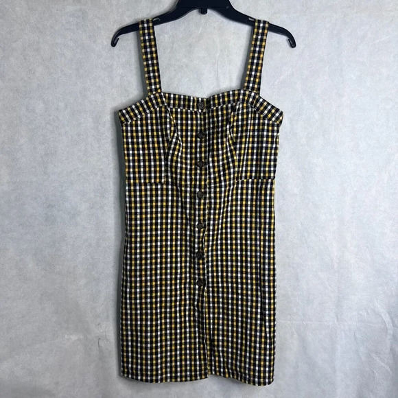 Hollister Black White Yellow Cotton Checkered Gingham Suspender Dress Sz MD - Picture 10 of 10
